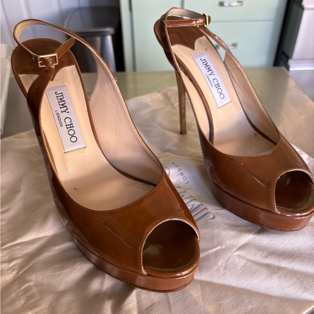 Jimmy Choo Tan Peep Toe Heels